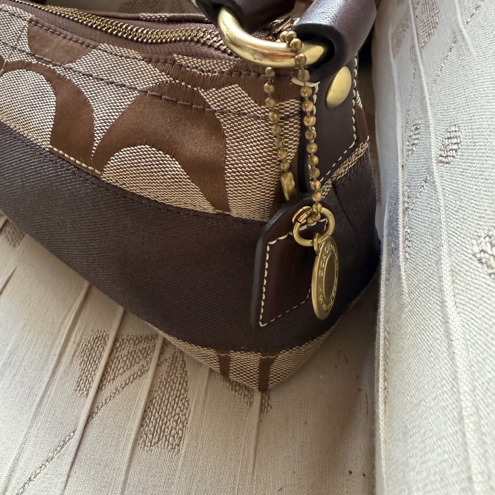 Nwt Coach khaki Signature jacquard canvas Leather trim small demi Shoulder Bag